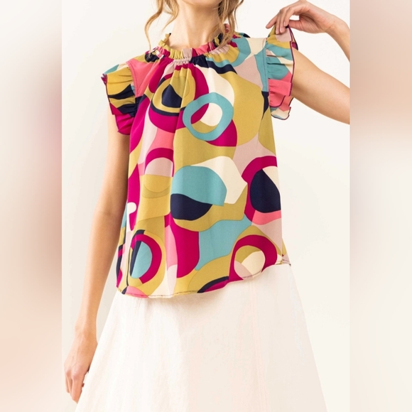 Boho Chic Multi Color Print Sleeveless Ruffle Neck Top NWOT - Picture 4 of 8